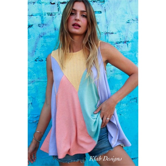 ❤️LAST! Multi Color Soft Color Block Waffle Knit Out-Seam Overlock Top! - Picture 2 of 8